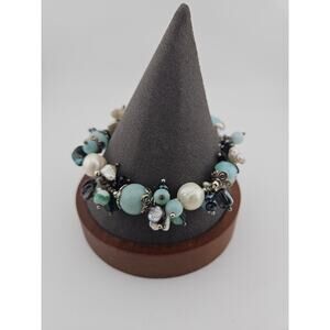 Mother of Pearl & Pearls Beaded Bauble Bracelet Aqua Blue Cream Mermaidcore